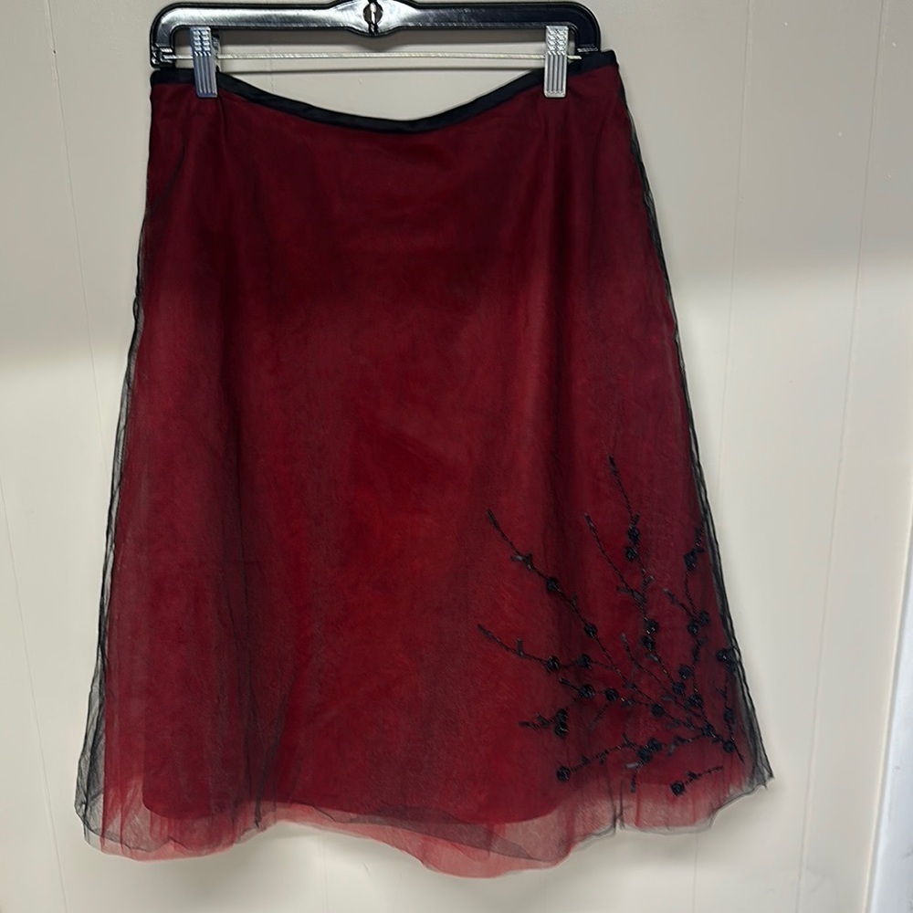 Vintage Y2K Victor Costa 12 Red Tulle Overlay Floral Skirt Whimsygoth 100% Silk - Picture 6 of 10